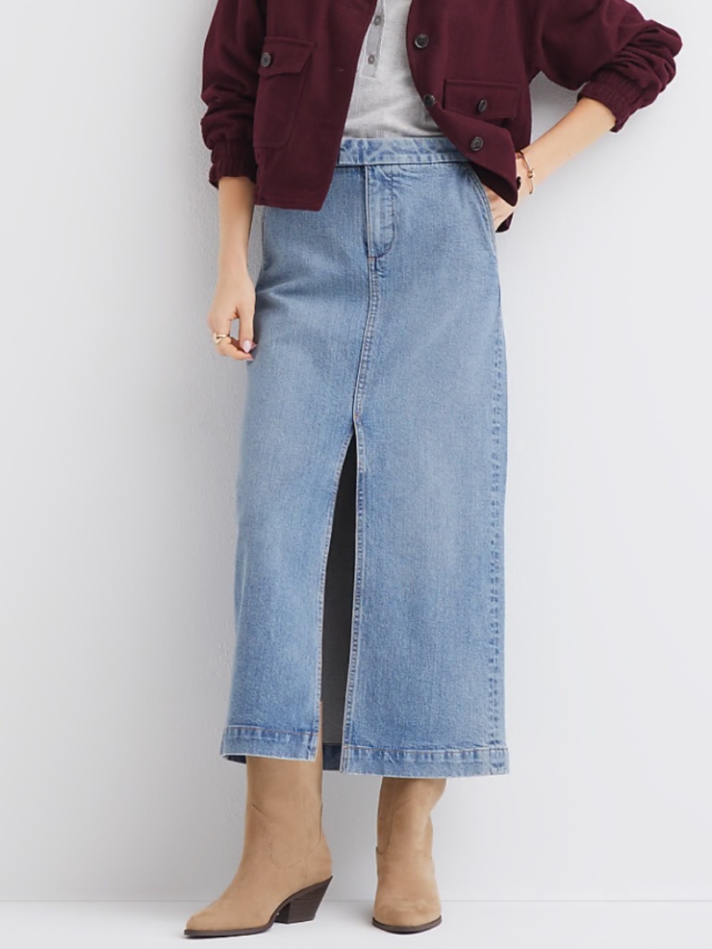 LOFT - Refined Denim Midi Skirt in Classic Mid Indigo